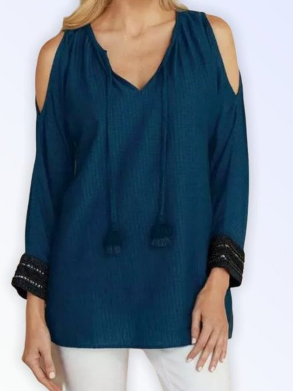 Soft Surroundings Navy Chandra Beaded Cuff Cold Shoulder Tunic Top and Cami